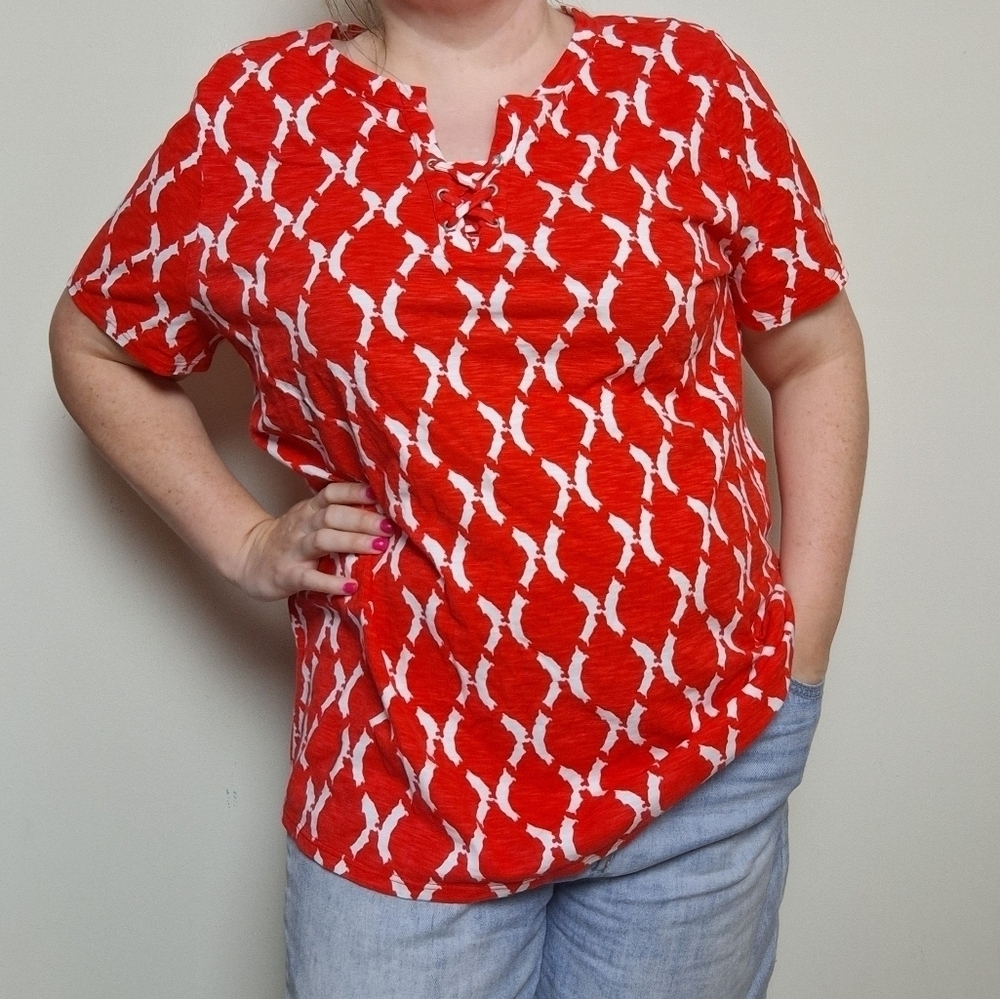 Chicos Red and White 100% Cotton Lace Up Ikat Casual Blouse Size 3 XL